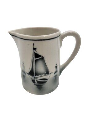 Vintage 1930s Blue Delft Czech Porcelain Pitcher With Ship Design